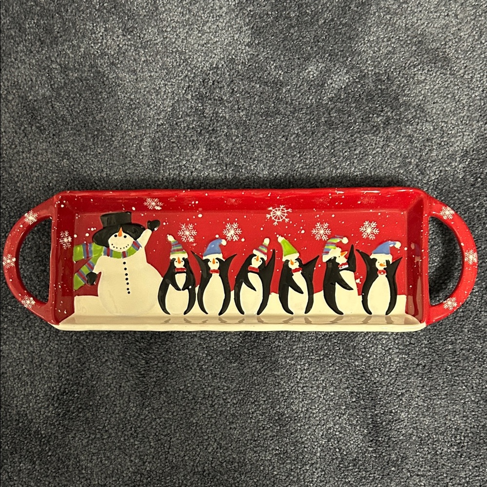 St. Nicholas Square Festive Red & Snowy Tray with a Snowman and Penguins. NWOT